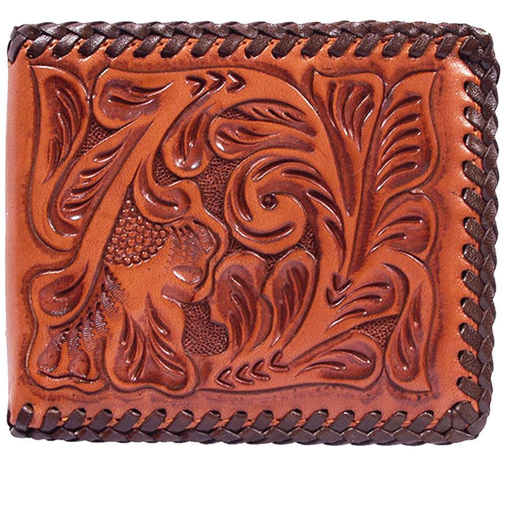 CW127 3D Natural Western Bifold Leather Laced Floral Handtooled Mens
