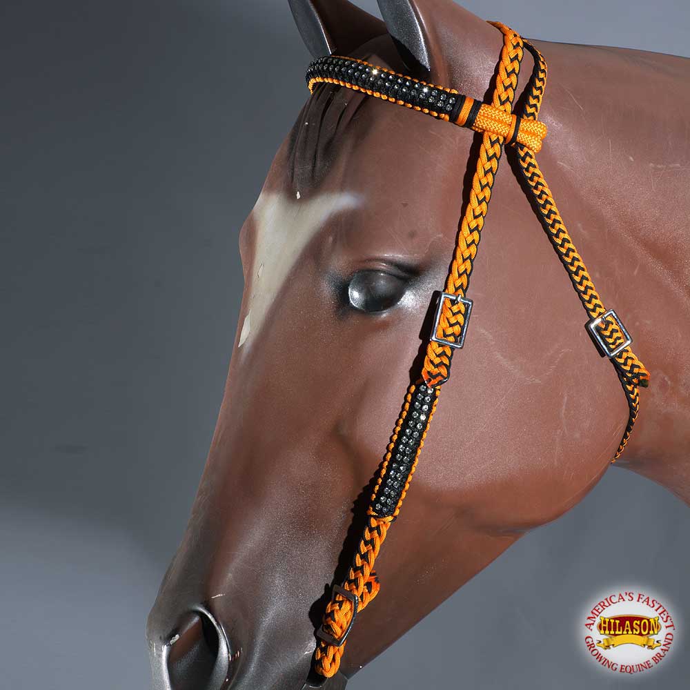 C-A314 Orange Black Horse Bridle Headstall Flat Braided Paracord Crystal Hilason 792484340238 | eBay