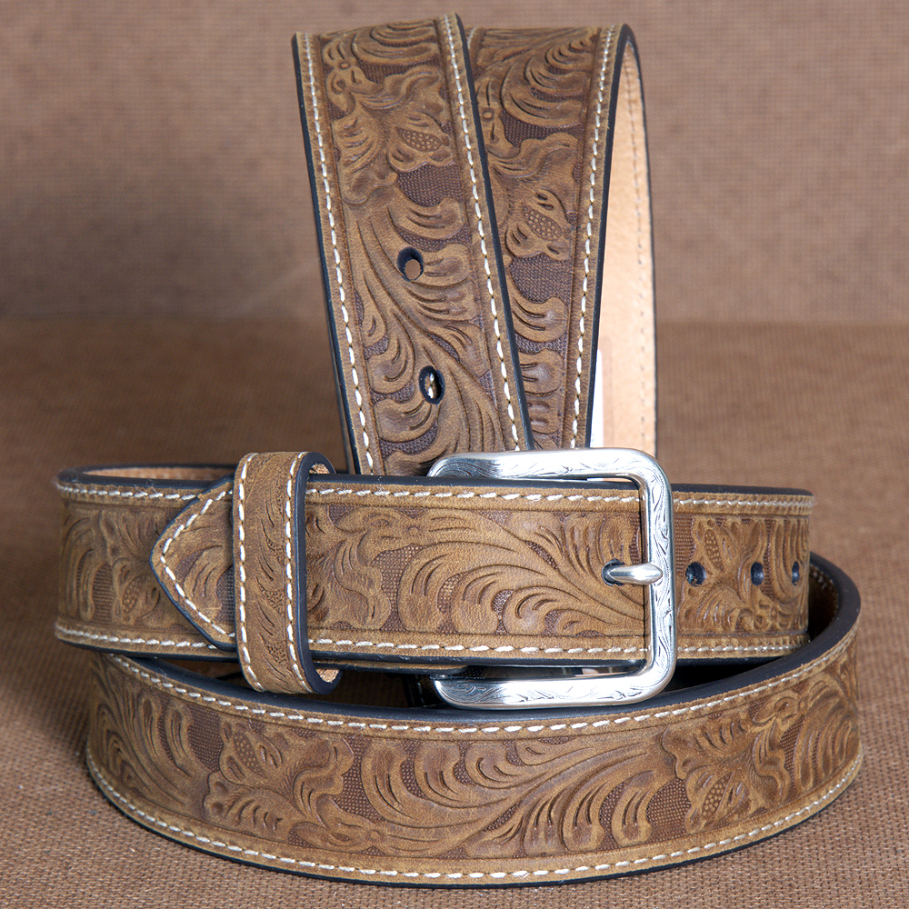 NOCONA EMBOSSED FLORAL TOOLED LEATHER MENS BELT W/ ENGRAVED BUCKLE