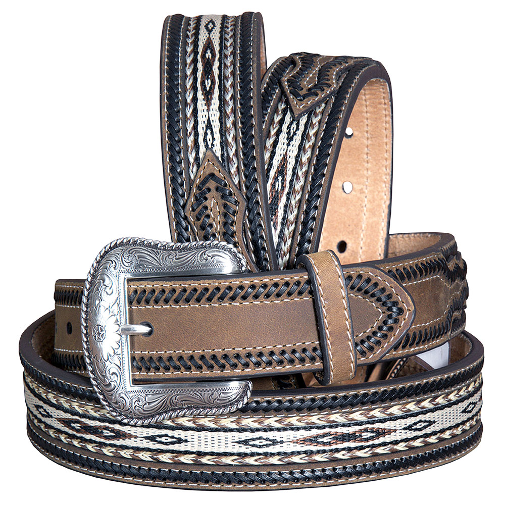 NOCONA LEATHER MENS Belt Braided Horse Hair Lacing Brown Engraved