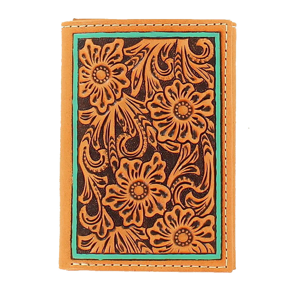 C2608 Ariat Tri Fold Western Floral Embossing Turquoise Edge Leather