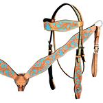 HILASON LEATHER WESTERN HORSE BRIDLE HEADSTALL BREAST COLLAR LIGHT OIL TURQUOISE
