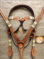 HILASON WESTERN LEATHER HORSE BRIDLE HEADSTALL BREAST COLLAR RAWHIDE BRAIDED S38