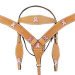 F- HILASON WESTERN LEATHER HEADSTALL & BREAST COLLAR SET W/ BREAST CANCER CONCHO