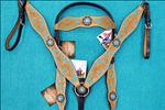 HILASON LEATHER HORSE BRIDLE HEADSTALL BREAST COLLAR WESTERN TURQUOISE W/ CONCHO