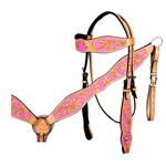 HILASON WESTERN LEATHER HORSE BRIDLE HEADSTALL BREAST COLLAR TAN W/ PINK INLAY