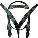 HILASON WESTERN LEATHER HORSE HEADSTALL BREAST COLLAR  BLACK W/ PEACOCK FEATHER