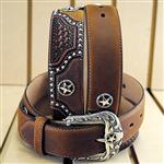 JUSTIN TEXAS ALL STAR TOOLED WESTERN LEATHER MENS BELT BROWN w/ STAR CONCHO