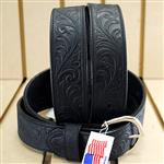 SILVER CREEK BLACK 1-1/2  WESTERN SCROLL FLORAL TOOL EMBOSSED LEATHER MENS BELT