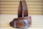 JUSTIN TAN 1-1/2  BRONCO BASKET TOOLED SILVER PLATED WESTERN LEATHER MENS BELT