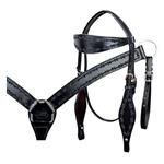 HILASON WESTERN BARB WIRE TOOL LEATHER HORSE HEADSTALL BREAST COLLAR BLACK