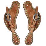 PS120F- HILASON WESTERN LEATHER SPUR STRAPS W/ GREEN RHINESTONES