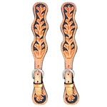 C139 HILASON WESTERN LEATHER SPUR STRAPS HAND FLORAL CARVED TAN BLACK HAND PAINT