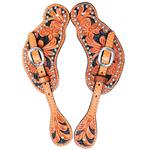 S141 HILASON WESTERN LEATHER SPUR STRAPS FLORAL CARVED DARK OIL BLACK HAND PAINT