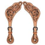 S144 HILASON WESTERN LEATHER SPUR STRAPS FLORAL CARVED TAN W/ BLACK HAND PAINT