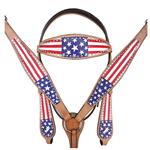 HILASON WESTERN LEATHER HORSE BRIDLE HEADSTALL BREAST COLLAR HAND PAINT US FLAG