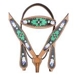 HILASON WESTERN LEATHER HORSE HEADSTALL BREAST COLLAR HAND PAINT BLACK GREEN