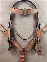 HILASON WESTERN LEATHER HORSE HEADSTALL BREAST COLLAR TAN GREEN CONCHOS