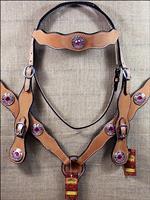 HILASON WESTERN LEATHER HORSE BRIDLE HEADSTALL BREAST COLLAR WITH PINK CONCHOS
