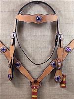 HILASON WESTERN LEATHER HORSE HEADSTALL BREAST COLLAR TAN PURPLE CONCHOS