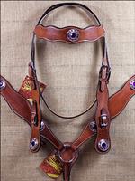 HILASON WESTERN LEATHER HORSE HEADSTALL BREAST COLLAR MAHOGANY PURPLE CONCHOS