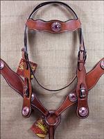 S75 HILASON WESTERN LEATHER HORSE HEADSTALL BREAST COLLAR MAHOGANY PINK CONCHO