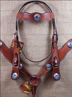 S76 HILASON WESTERN LEATHER HORSE HEADSTALL BREAST COLLAR MAHOGANY BLUE CONCHO