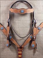 HILASON WESTERN LEATHER HORSE HEADSTALL BREAST COLLAR TAN TURQUOISE CONCHOS