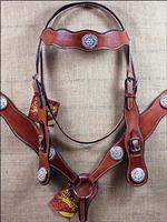 HILASON WESTERN LEATHER HORSE HEADSTALL BREAST COLLAR MAHOGANY AB STONE CONCHO