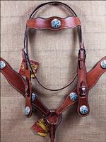 HILASON WESTERN LEATHER HORSE HEADSTALL BREAST COLLAR MAHOGANY TURQUOISE CONCHO