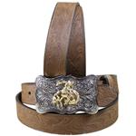 JUSTIN BROWN EMBOSSED COWHIDE SILVER PLATED W/ BRONZE BRONCO LEATHER BELT