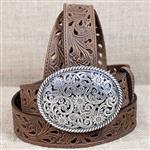 TONY LAMA BARK BROWN 1.5  PIERCED FILIGREE TROPHY WESTERN LEATHER LADIES BELT