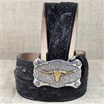 TONY LAMA BLACK BOYS FLORAL TOOLED LEATHER LITTLE TEXAS WESTERN BELT