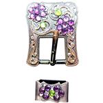 PURPLE LIME CRYSTALS FLORAL DESIGN COPPER FINISH BUCKLE SET BELT HEADSTALL