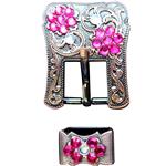 CRYSTAL FUSCHIA CRYSTALS FLORAL DESIGN COPPER FINISH BUCKLE SET BELT HEADSTALL