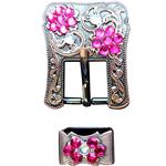 CRYSTAL FUSCHIA CRYSTALS FLORAL DESIGN COPPER FINISH BUCKLE SET BELT HEADSTALL