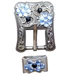 BLACK BLUE CRYSTALS ANTIQUE SILVER FINISH BUCKLE SET BELT HEADSTALL