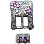 PURPLE BLUE CRYSTALS ANTIQUE SILVER FINISH BUCKLE SET BELT HEADSTALL