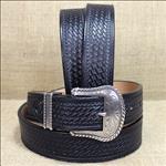 JUSTIN BLACK BRONCO BASKET BLACK 1-1/2  SILVER PLATED WESTERN LEATHER MENS BELT