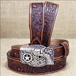 JUSTIN PEANUT WESTERN 1 3/8-1 1/8  FLORAL TOOLED LIL TRIGGER LEATHER MENS BELT