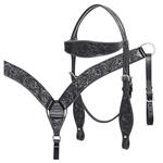 HILASON WESTERN LEATHER HORSE BRIDLE HEADSTALL BREST COLLAR BLACK HAND CARVED