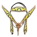 HILASON WESTERN LEATHER HORSE HEADSTALL BREAST COLLAR YELLOW BLACK CROSS GUN