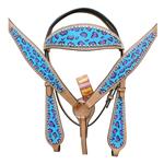 HILASON WESTERN LEATHER HORSE BRIDLE HEADSTALL BREAST COLLAR TURQUOISE CHEETAH