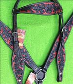 HILASON WESTERN LEATHER HORSE BRIDLE HEADSTALL BREAST COLLAR BLACK RED CARVED