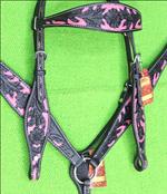 HILASON WESTERN LEATHER HORSE BRIDLE HEADSTALL BREAST COLLAR BLACK PINK CARVED