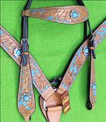 HILASON WESTERN LEATHER HORSE HEADSTALL BREAST COLLAR TAN TURQUOISE BLING CONCHO