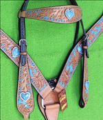 HILASON WESTERN LEATHER HORSE HEADSTALL BREAST COLLAR TAN TURQUOISE HEART CONCHO