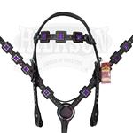 HILASON WESTERN LEATHER HORSE HEADSTALL BREAST COLLAR BROWN LAVENDER CONCHO