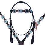 HILASON WESTERN LEATHER HORSE HEADSTALL BREAST COLLAR BROWN BLUE BLING CONCHO
