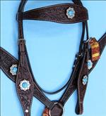 F42 HILASON WESTERN LEATHER HORSE HEADSTALL BREAST COLLAR BROWN TURQUOISE CONCHO